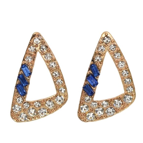 DBello Accessories Pierced Earrings Gold Tone CZ Blue Rhinestone Triangular - Picture 1 of 4